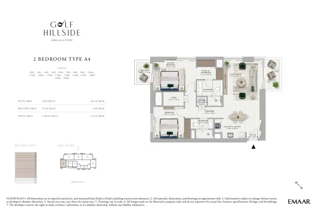 Emaar Golf Hillside at Dubai Hills Estate 2 BR Apartment 1,189 Sq. Ft. Floor Plan
