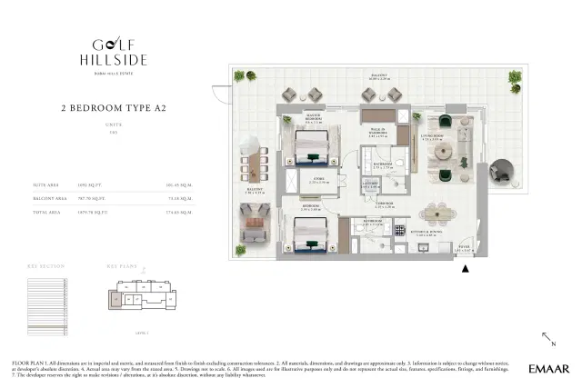 Emaar Golf Hillside at Dubai Hills Estate 2 BR Apartment 1,879 Sq. Ft. Floor Plan