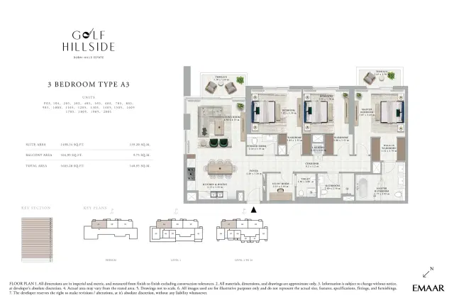 Emaar Golf Hillside at Dubai Hills Estate 3 BR Apartment 1,603 Sq. Ft. Floor Plan