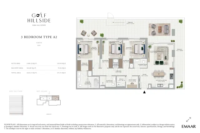 Emaar Golf Hillside at Dubai Hills Estate 3 BR Apartment 2,322 Sq. Ft. Floor Plan