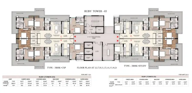 Galaxy Sawasdee Heights Delhi 3 Bedroom Apartment Study + store 2552 Sq. Ft. Floor Plan