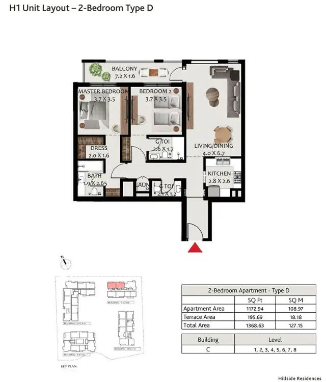 Hillside Residences at Wasl Gate 2 BR Apartment 1368 Sq. Ft. Floor Plan