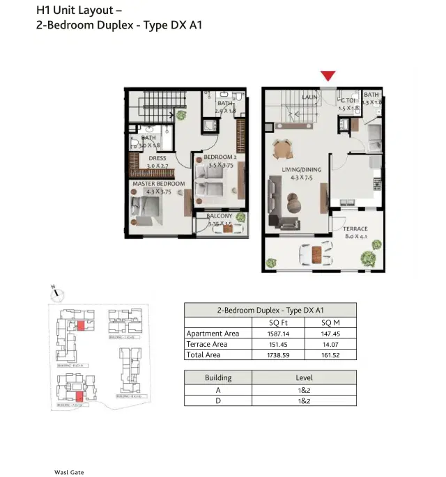 Hillside Residences at Wasl Gate 2 BR Duplexes 1738 Sq. Ft. Floor Plan