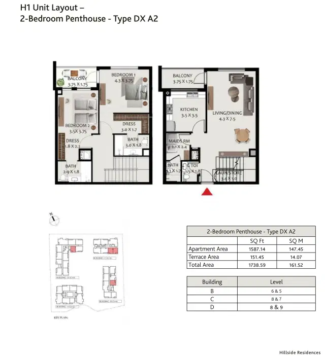 Hillside Residences at Wasl Gate 2 BR Penthouse 1738 Sq. Ft. Floor Plan