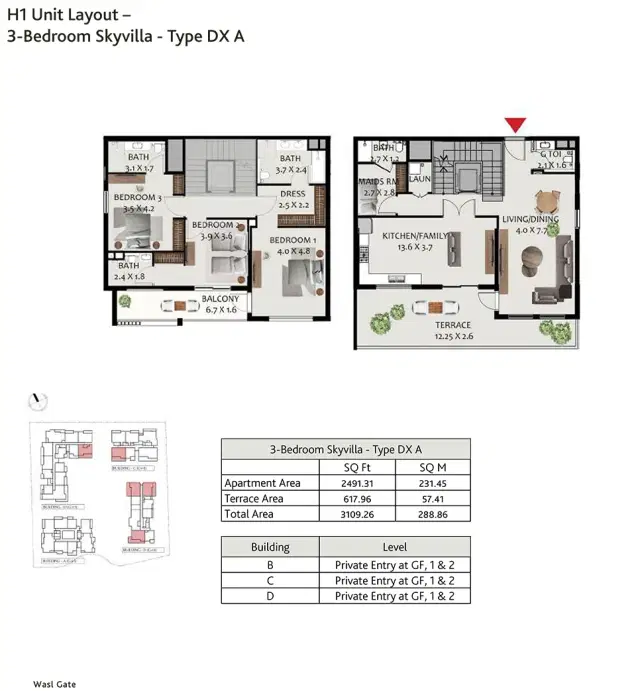 Hillside Residences at Wasl Gate 3 BR Sky Villas 3100 Sq. Ft. Floor Plan