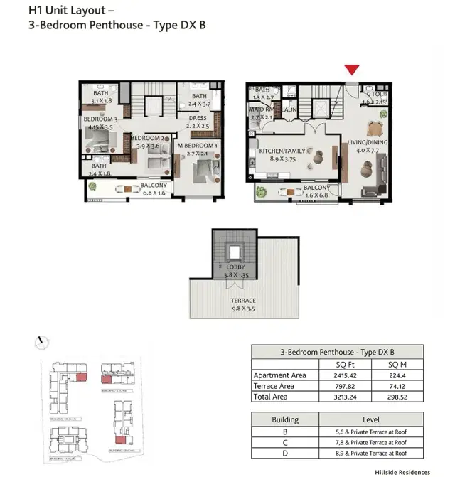 Hillside Residences at Wasl Gate 3 BR Penthouse 3213 Sq. Ft. Floor Plan