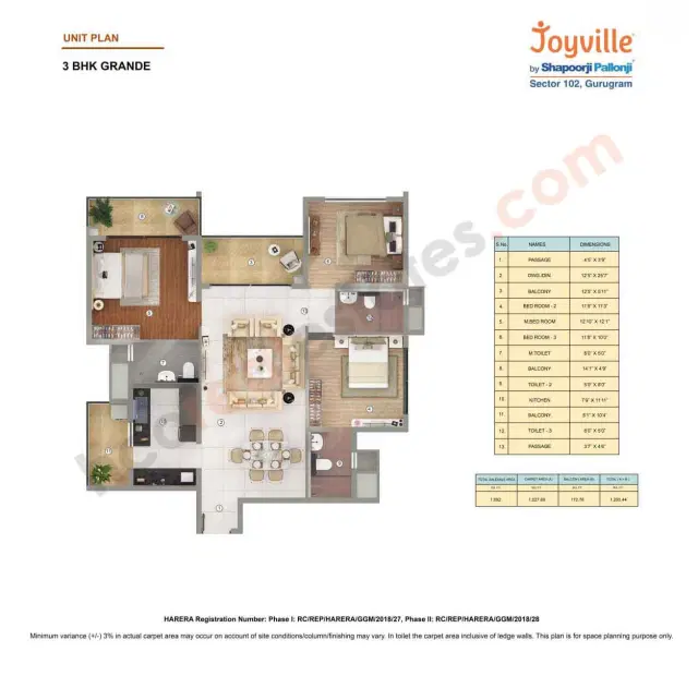 Joyville Gurgaon Phase 2 - 3 BHK Plan