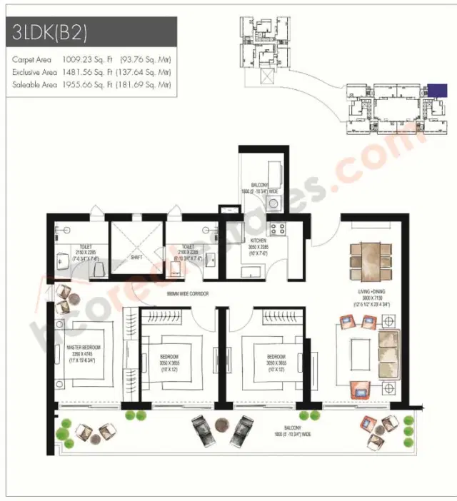 Krisumi Waterfall Residences - 3 BHK Plan