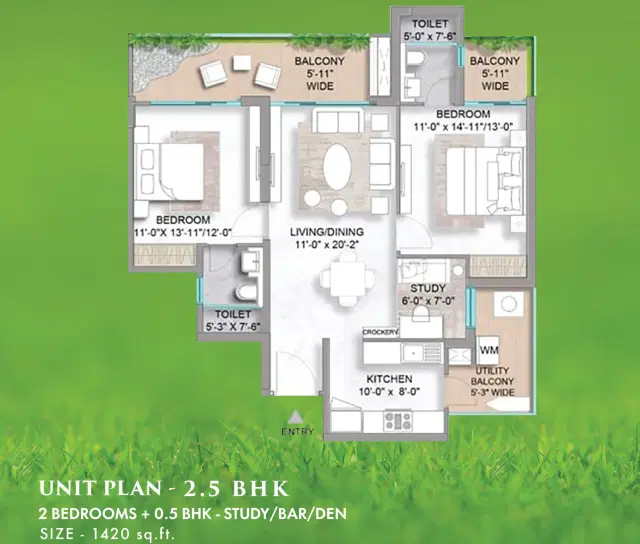 M3M Golf Hills Gurgaon 2.5 BHK Apartment 1420 Sq.Ft. Floor Plan
