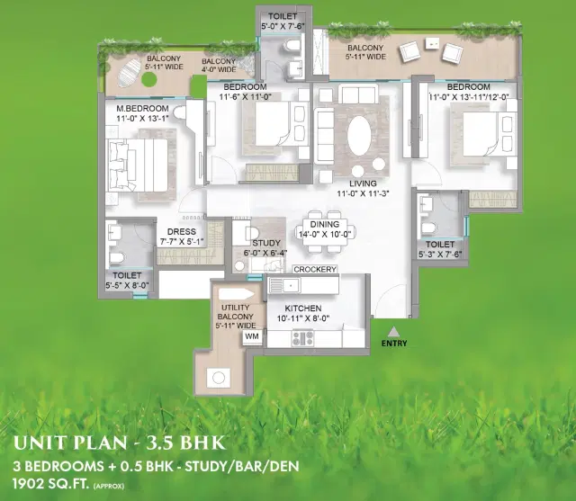 M3M Golf Hills Gurgaon 3.5 Bedroom Apartment 1902 Sq.Ft. Floor Plan