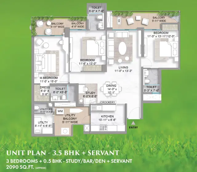 M3M Golf Hills Gurgaon 3.5 Bedroom Apartment 2090 Sq.ft Floor Plan