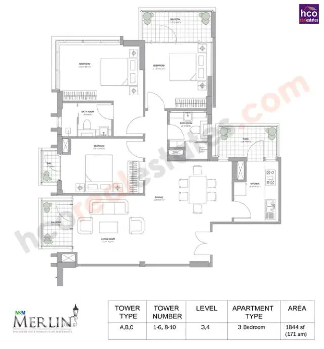 M3M Merlin Gurgaon - 3 BHK Plan