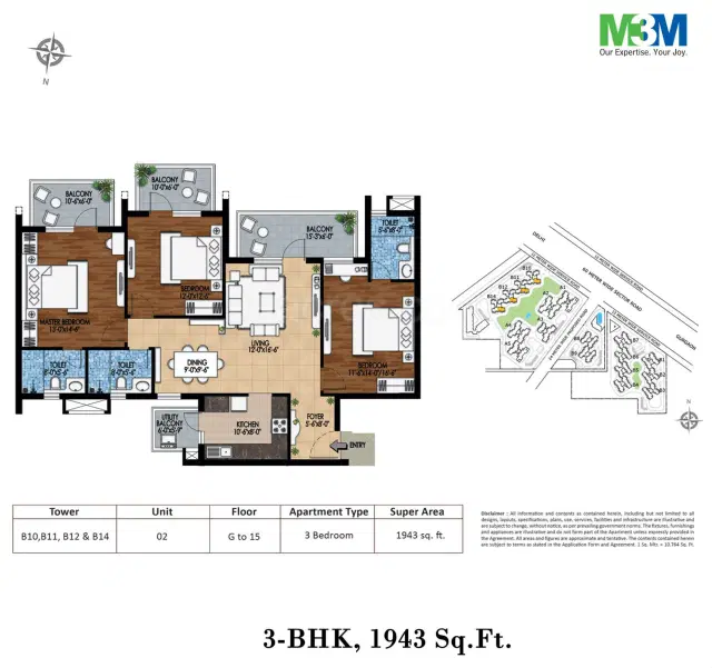 M3M Woodshire Gurgaon - 3 BHK Plan