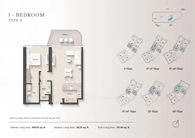 Portside Square by Ellington at Mina Rashid Dubai 1 BR Apartment 767 Sq. Ft. Floor Plan