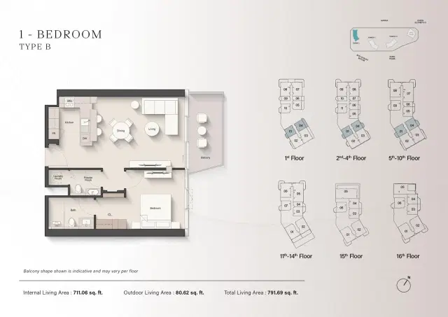 Portside Square by Ellington at Mina Rashid Dubai 1 BR Apartment 791 Sq. Ft. Floor Plan