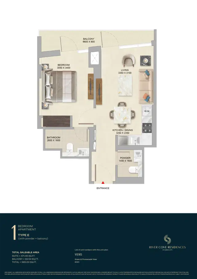 River Cove Residences at Sobha City Abu Dhabi 1 BR Apartment 565 Sq. Ft. Floor Plan