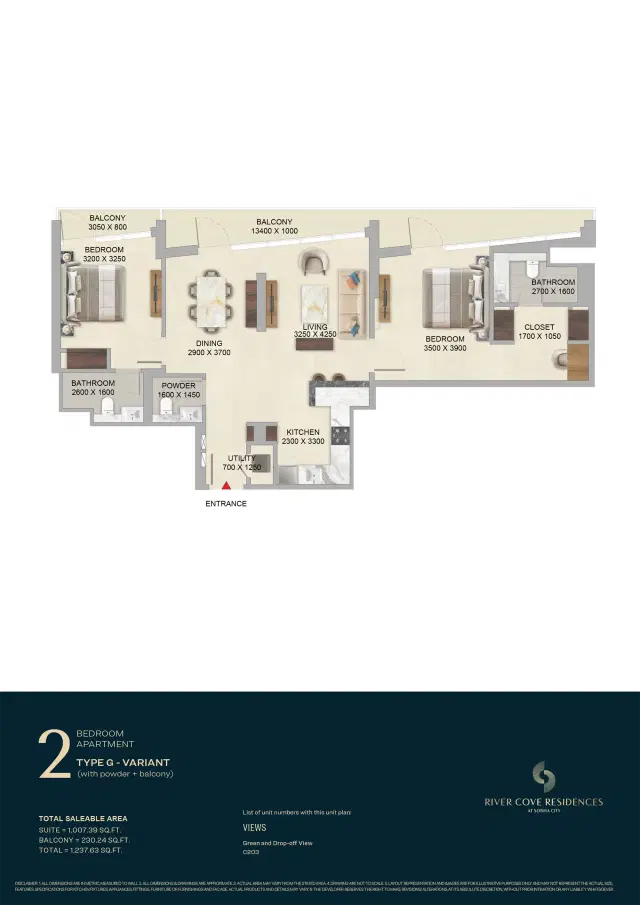 River Cove Residences at Sobha City Abu Dhabi 2 BR Apartment 1237 Sq. Ft. Floor Plan