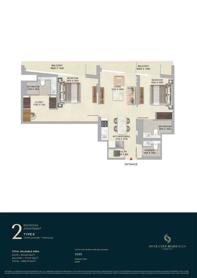 River Cove Residences at Sobha City Abu Dhabi 2 BR Apartment 989 Sq. Ft. Floor Plan