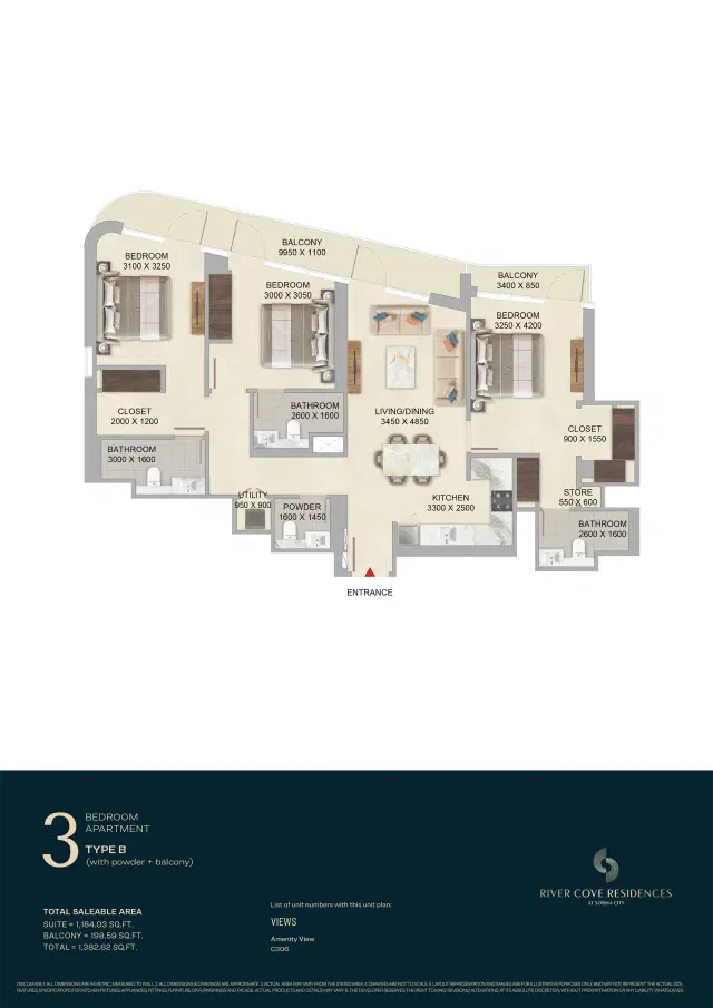 River Cove Residences at Sobha City Abu Dhabi 3 BR Apartment 1382 Sq. Ft. Floor Plan