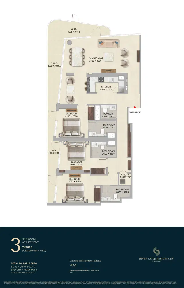 River Cove Residences at Sobha City Abu Dhabi 3 BR Apartment 1813 Sq. Ft. Floor Plan