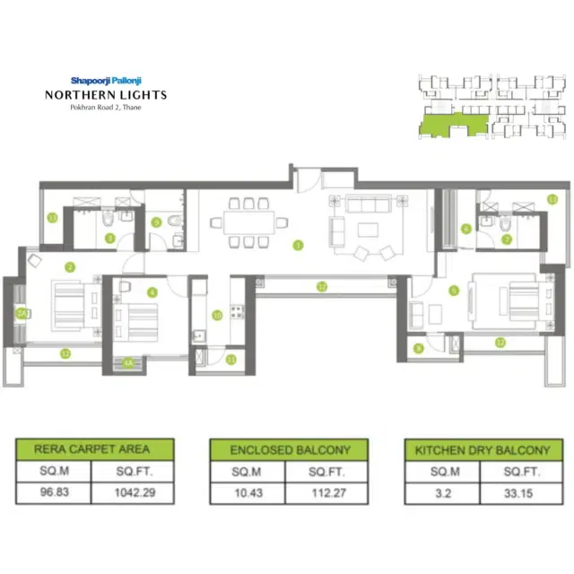Shapoorji Pallonji Northern Lights - 3 BHK Plan