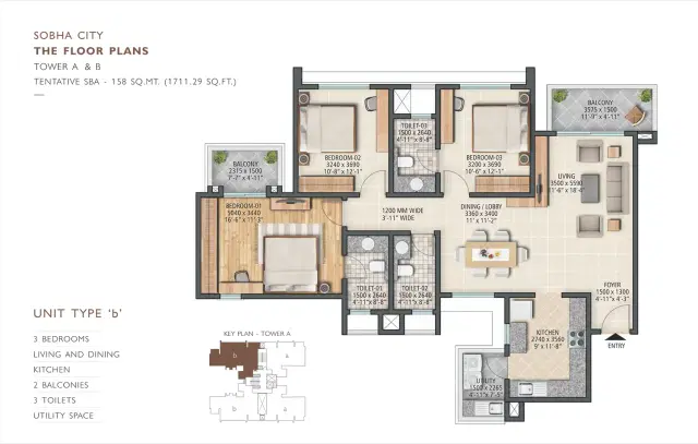 Sobha Apartments Gurgaon - 3 BHK Plan