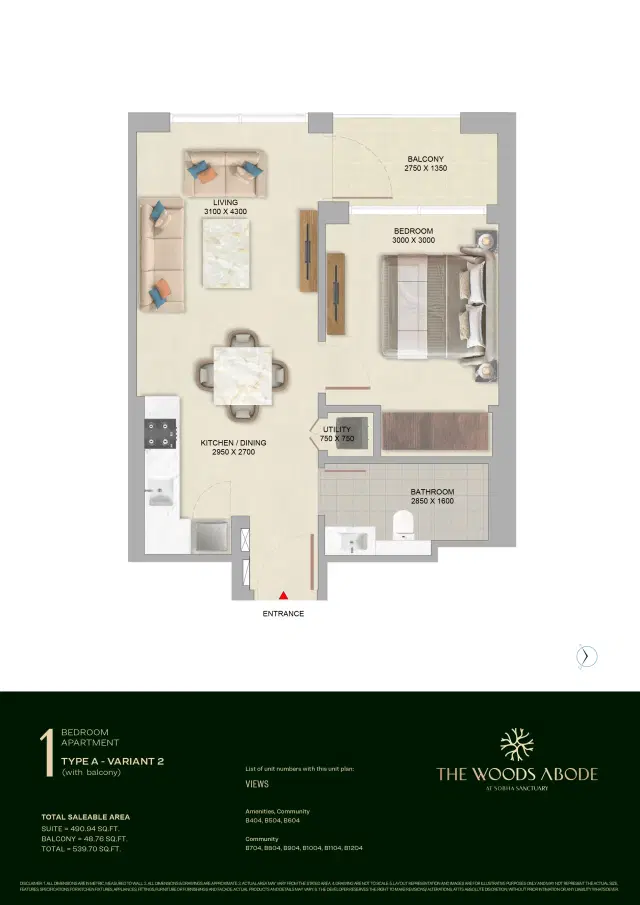 Sobha The Woods Abode at Sobha Sanctuary Dubai 1 Bedroom Apartments 539 Sq.Ft. Floor Plan
