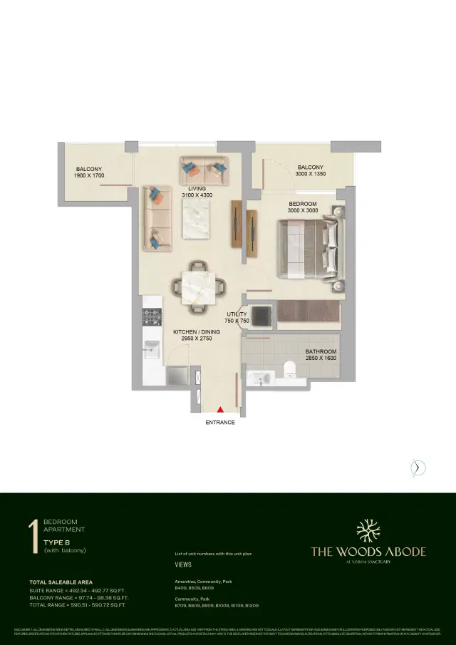Sobha The Woods Abode at Sobha Sanctuary Dubai 1 Bedroom Apartments 590 Sq.Ft. Floor Plan