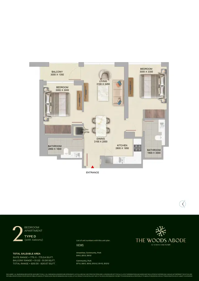 Sobha The Woods Abode at Sobha Sanctuary Dubai 2 Bedroom Apartments 826 Sq.Ft. Floor Plan