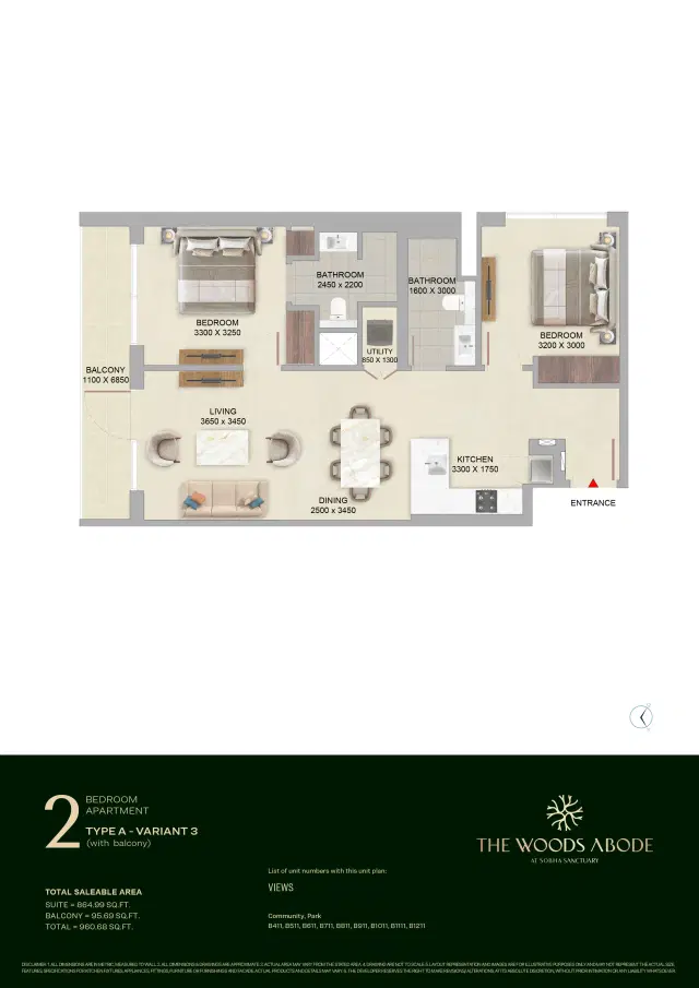 Sobha The Woods Abode at Sobha Sanctuary Dubai 2 Bedroom Apartments 960 Sq.Ft. Floor Plan