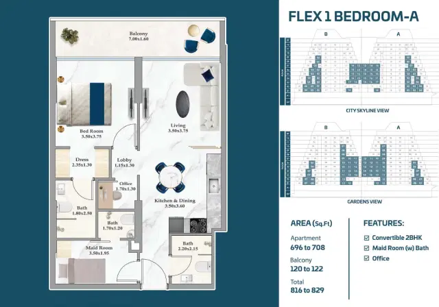 Sparklz by Danube Studios & Apartments at Al Furjan 1 BR Apartment 816 Sq. Ft. Floor Plan