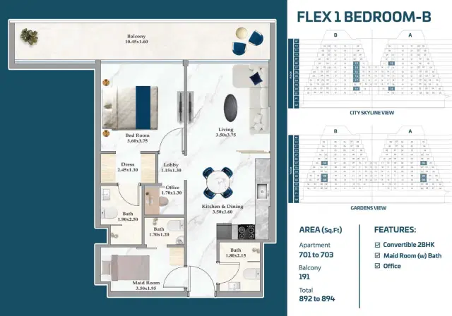 Sparklz by Danube Studios & Apartments at Al Furjan 1 BR Apartment 892 Sq. Ft. Floor Plan
