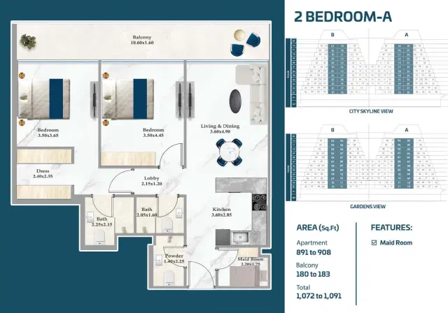Sparklz by Danube Studios & Apartments at Al Furjan 2 BR Apartment 1,072 Sq. Ft. Floor Plan