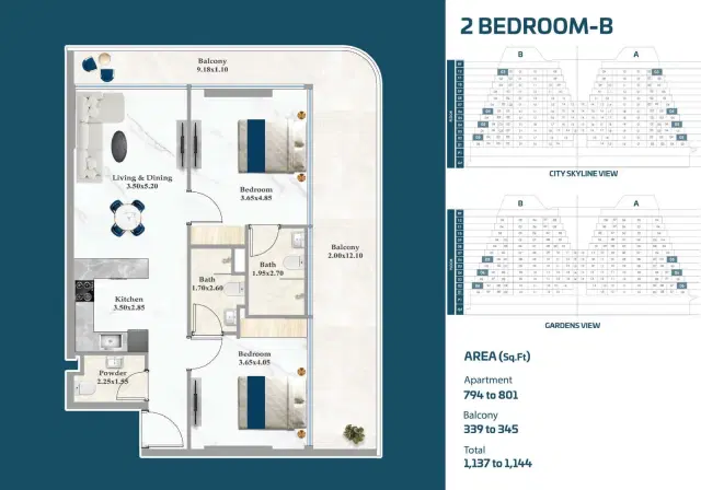 Sparklz by Danube Studios & Apartments at Al Furjan 2 BR Apartment 1,137 Sq. Ft. Floor Plan