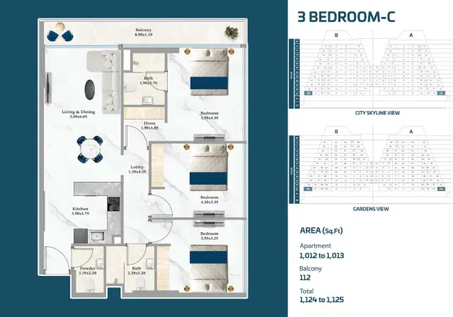 Sparklz by Danube Studios & Apartments at Al Furjan 3 BR Apartment 1,124 Sq. Ft. Floor Plan