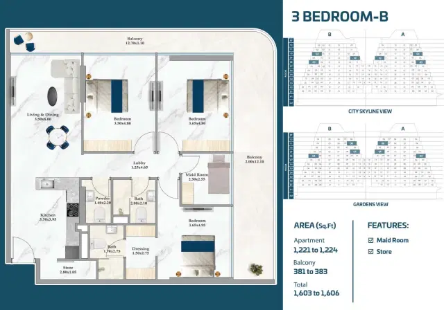 Sparklz by Danube Studios & Apartments at Al Furjan 3 BR Apartment 1,603 Sq. Ft. Floor Plan
