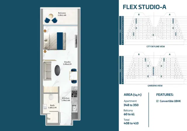 Sparklz by Danube Studios & Apartments at Al Furjan Studio 408 Sq. Ft. Floor Plan