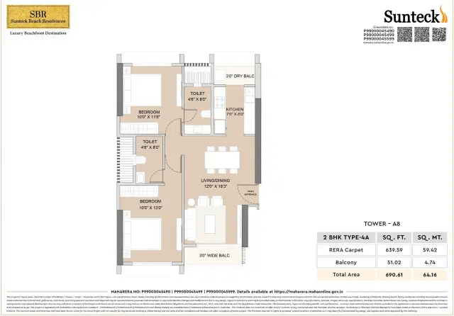Sunteck Beach Residences 2 BHK 691 Sq.Ft. Floor Plan