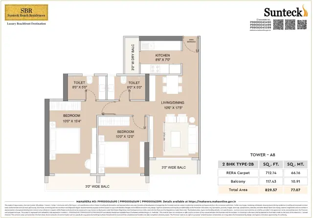 Sunteck Beach Residences 2 BHK 830 Sq. Ft. Floor Plan