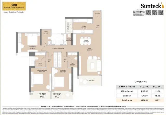Sunteck Beach Residences 3 BHK 1375 Sq. Ft. Floor Plan