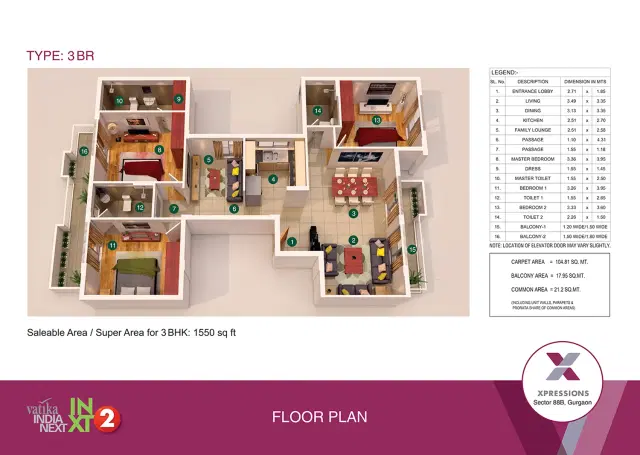 Vatika Xpressions Floors Gurgaon - 3 BHK Plan