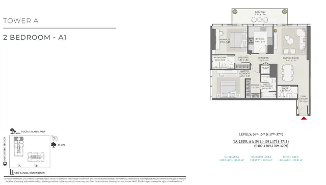 Wasl Avenue Park Towers 2 at Wasl 1 Dubai 2 BR 1301 Sq. Ft. Floor Plan