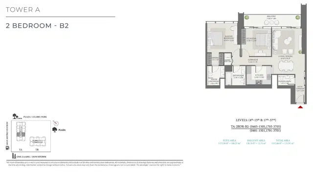 Wasl Avenue Park Towers 2 at Wasl 1 Dubai 2 BR 1312 Sq. Ft. Floor Plan