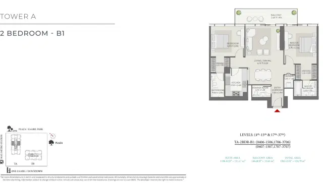 Wasl Avenue Park Towers 2 at Wasl 1 Dubai 2 BR 1343 Sq. Ft. Floor Plan
