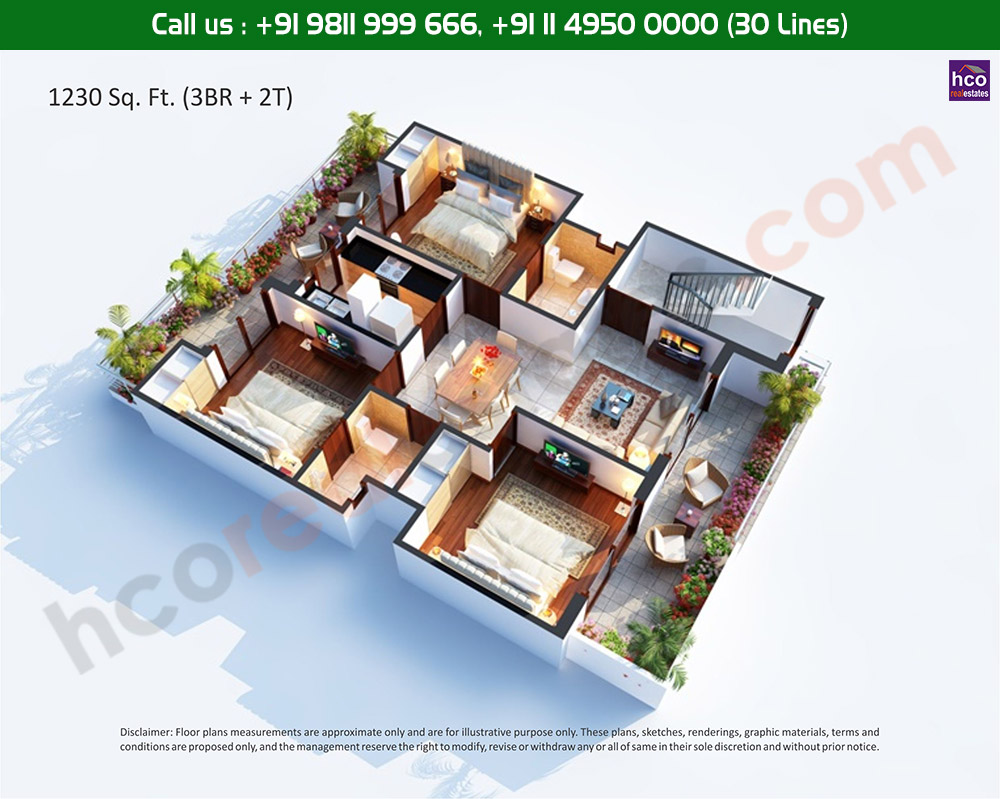 3 BHK + 2T : 1230 Sq.Ft.