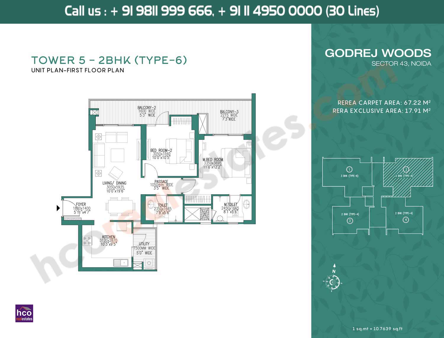 2 BHK, Type – 6, Tower – 5: 670 Sq. Ft.