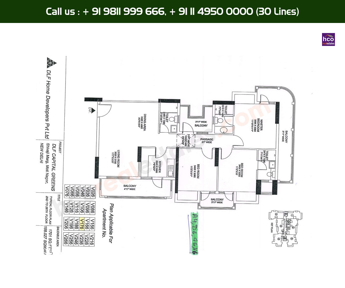 3 BHK + 3T, 2nd, 26th, Typical Floor Plan, V26 - V266 Block: 1701 Sq. Ft.