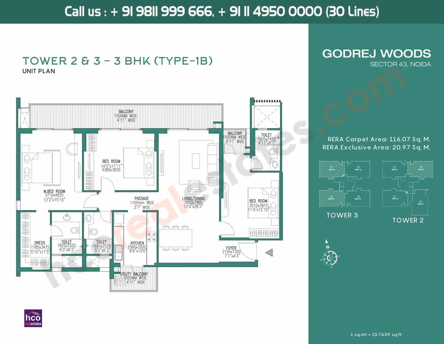 3 BHK, Type – 1B Tower – 2 & Tower - 3: 1160 Sq. Ft.