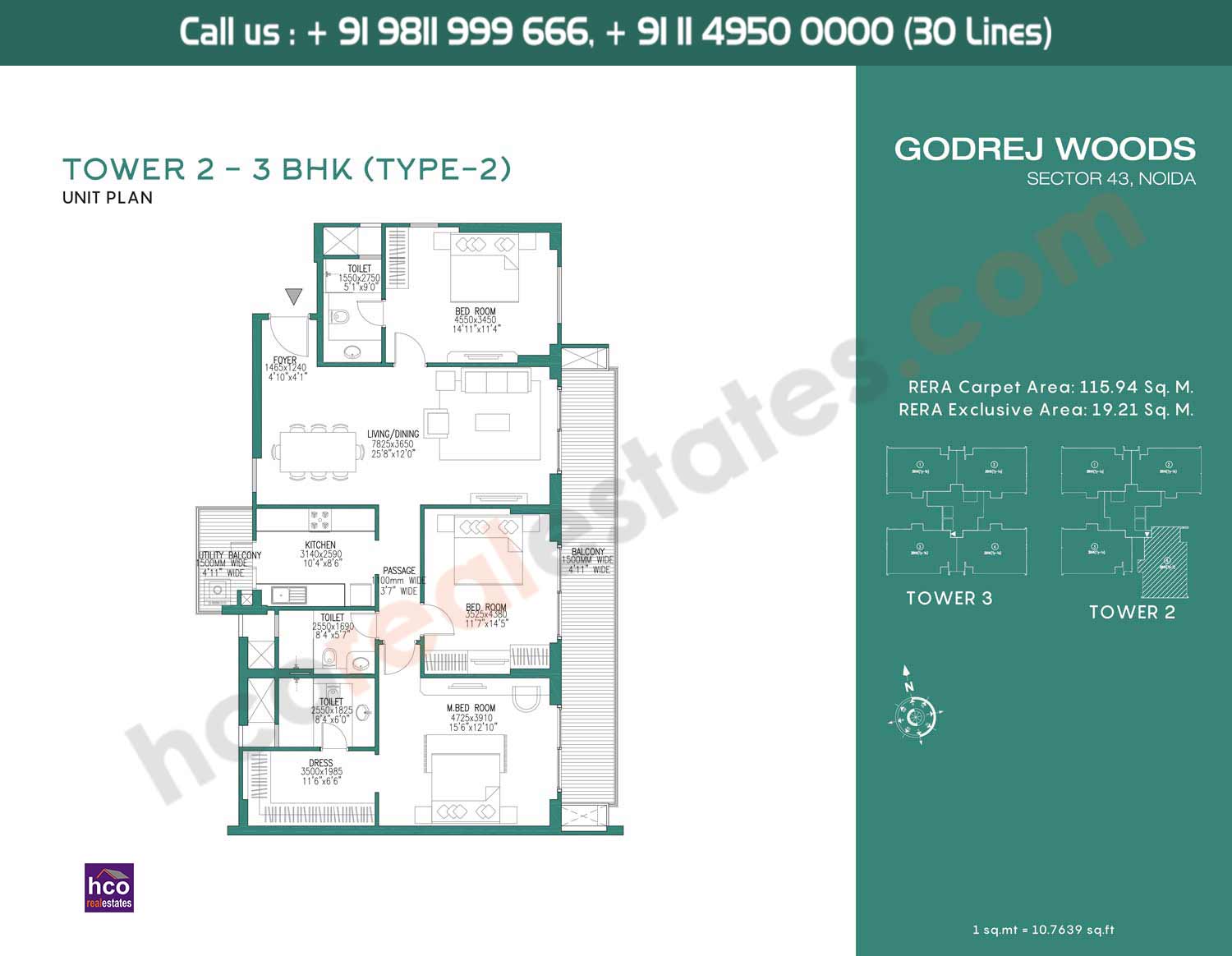 3 BHK, Type – 2, Tower – 2: 1150 Sq. Ft.