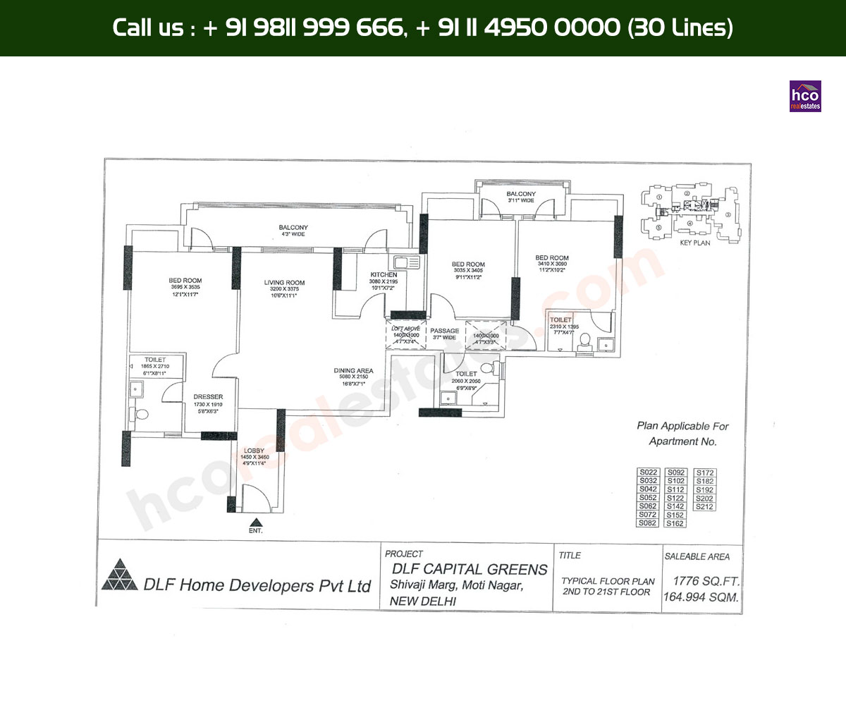 3 BHK + 3T, 2nd, 21st, Typical Floor Plan, S22 - S212 Block: 1776 Sq. Ft.